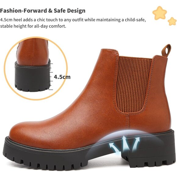 Girls Brown Pull-On Fall Chelsea Boots Water-Resistant PU Ankle Heel Boots - Picture 6 of 7